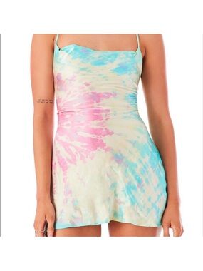 100% silk Tie-Dye Slip Mini Dress in Pastel Pink & Blue